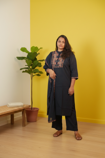 Pure Professionalism: Navy Blue Ajrakh & Zardosi Cotton Salwar Set