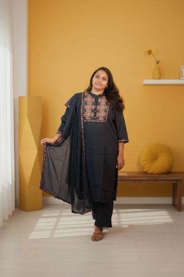 Pure Professionalism: Navy Blue Ajrakh & Zardosi Cotton Salwar Set
