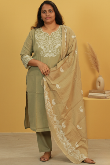 Elegant Simplicity: The Pastel Green Embroidered Flex Cotton Set