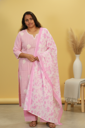 PREMIUM COTTON EMBROIDERED BABYPINK 3PC PALAZZO SET