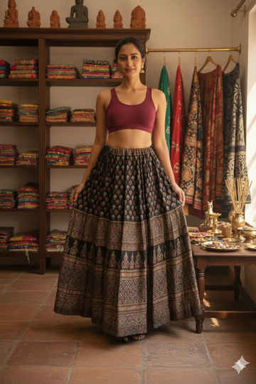 TIMELESS MODAL SILK BLACK AJRAKH SKIRT