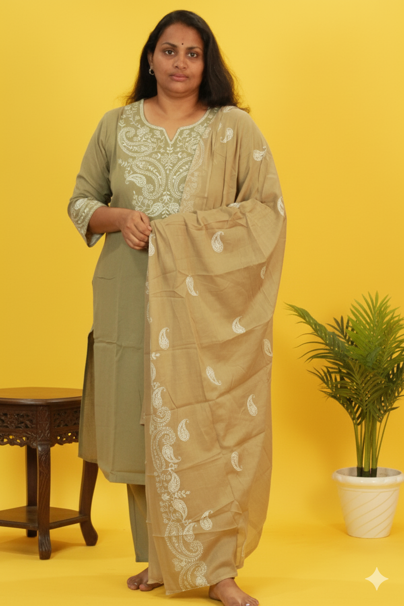 Elegant Simplicity: The Pastel Green Embroidered Flex Cotton Set