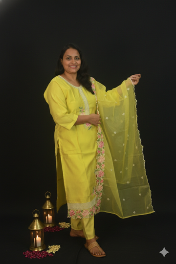 Divine divine radiance in yellow & pink floral embroidered suit set.