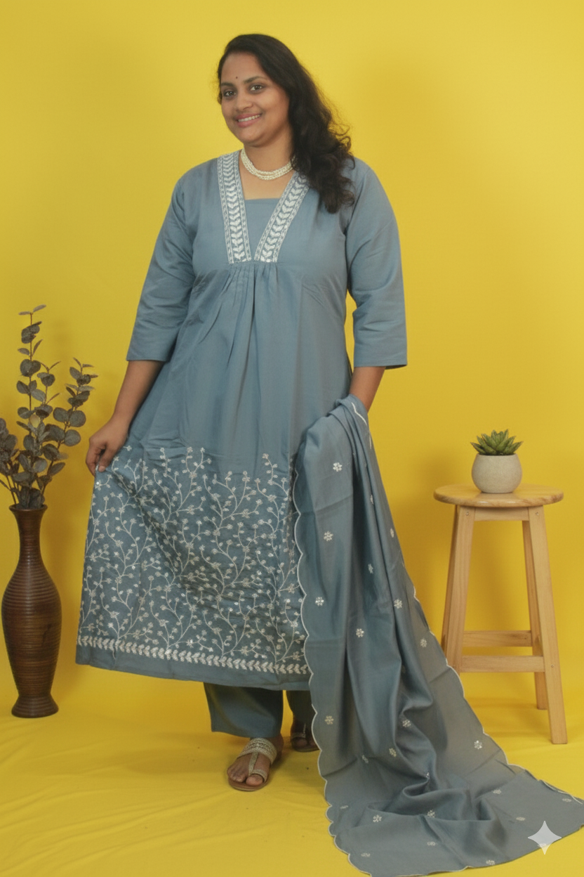 Yamini subtle richness in blue-grey roman silk A-line set