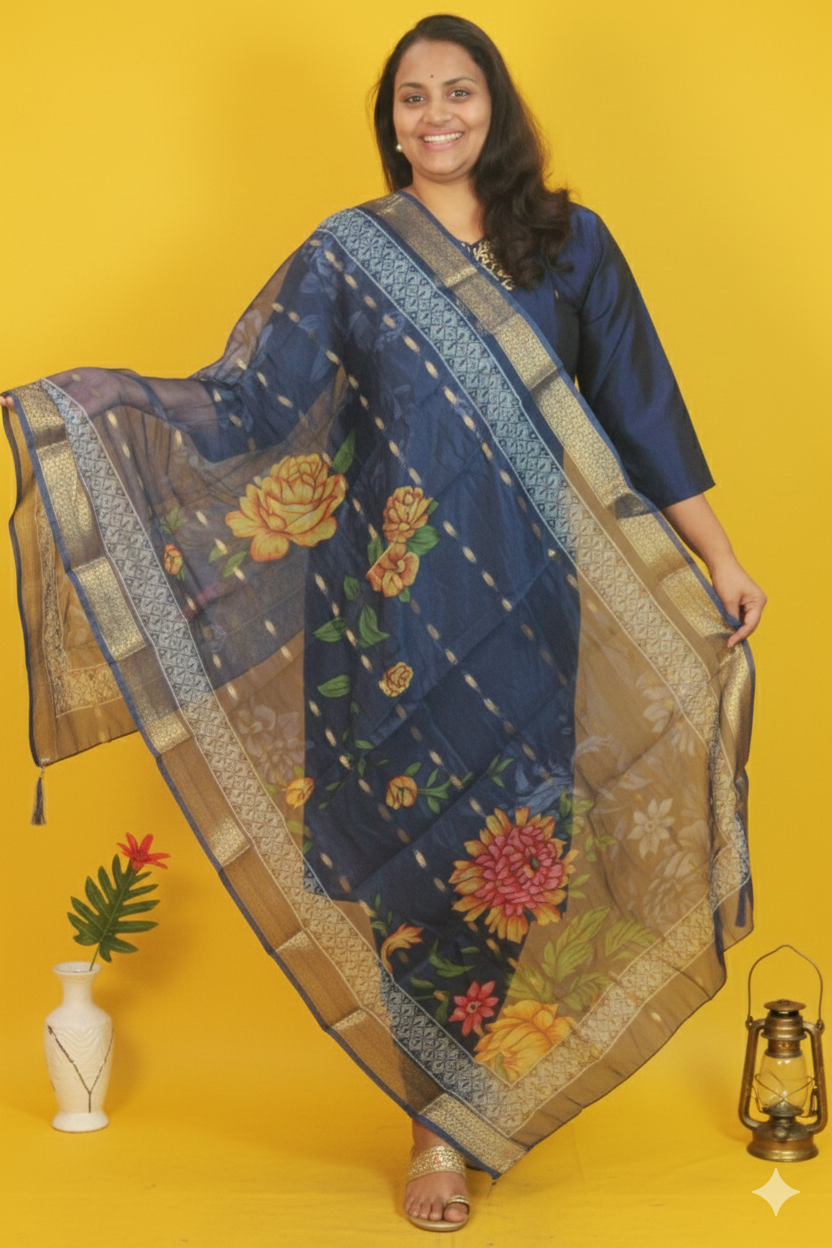 Yamuna graceful deep blue in rangeela silk.