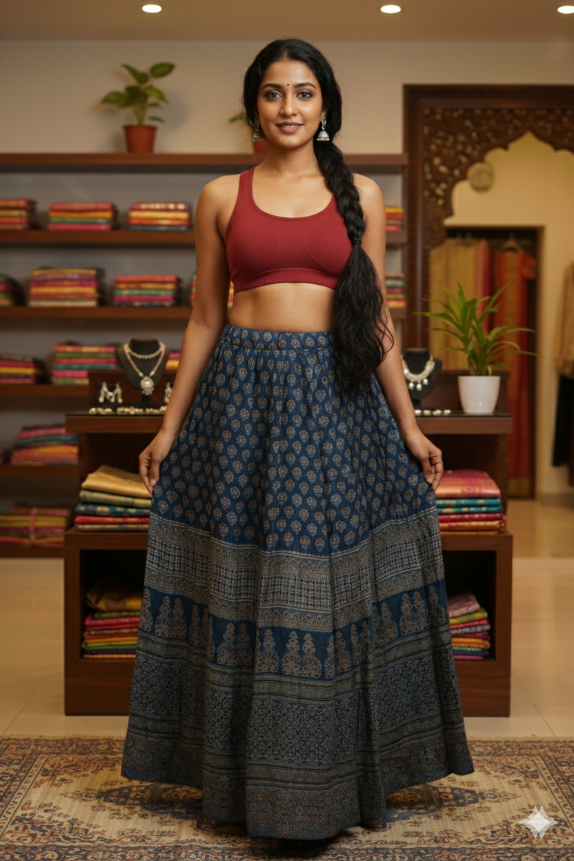 TIMELESS MODAL SILK BLUE AJRAKH SKIRT