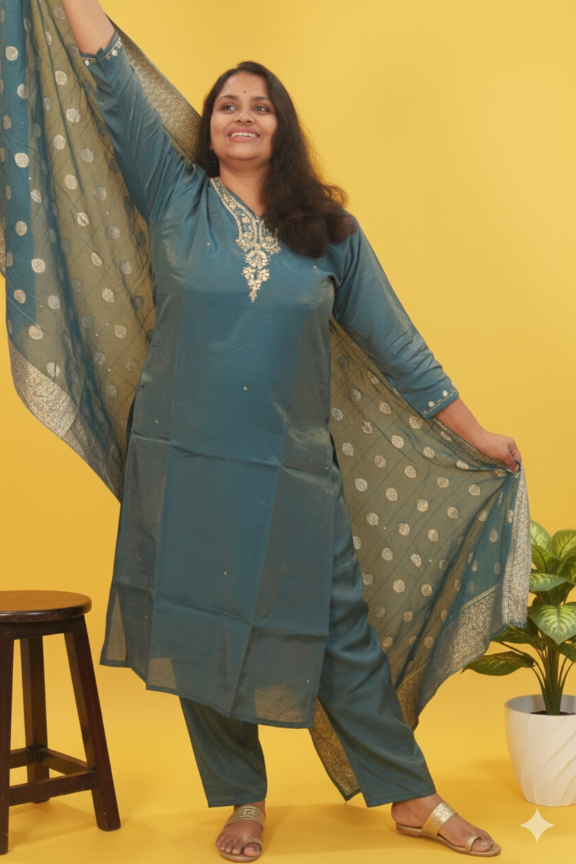 Blue Jade  a blue shimmer silk aari work set
