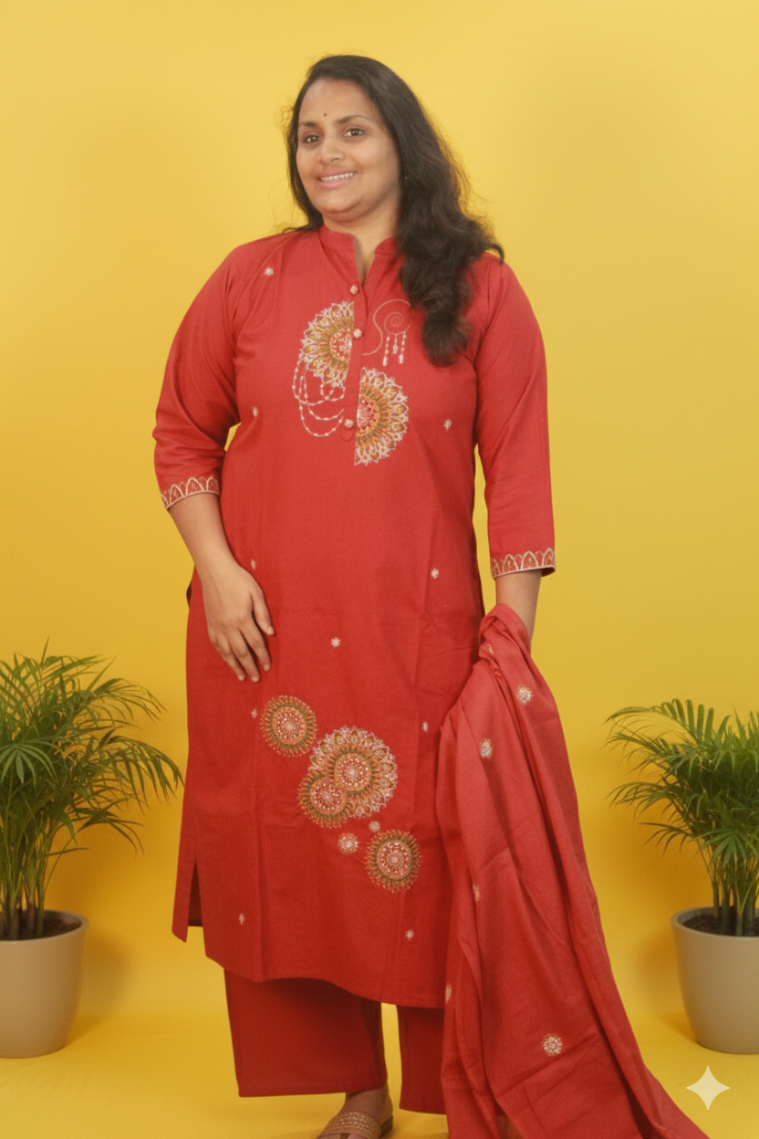 Sarika pure heavy cotton brick red embroidered set