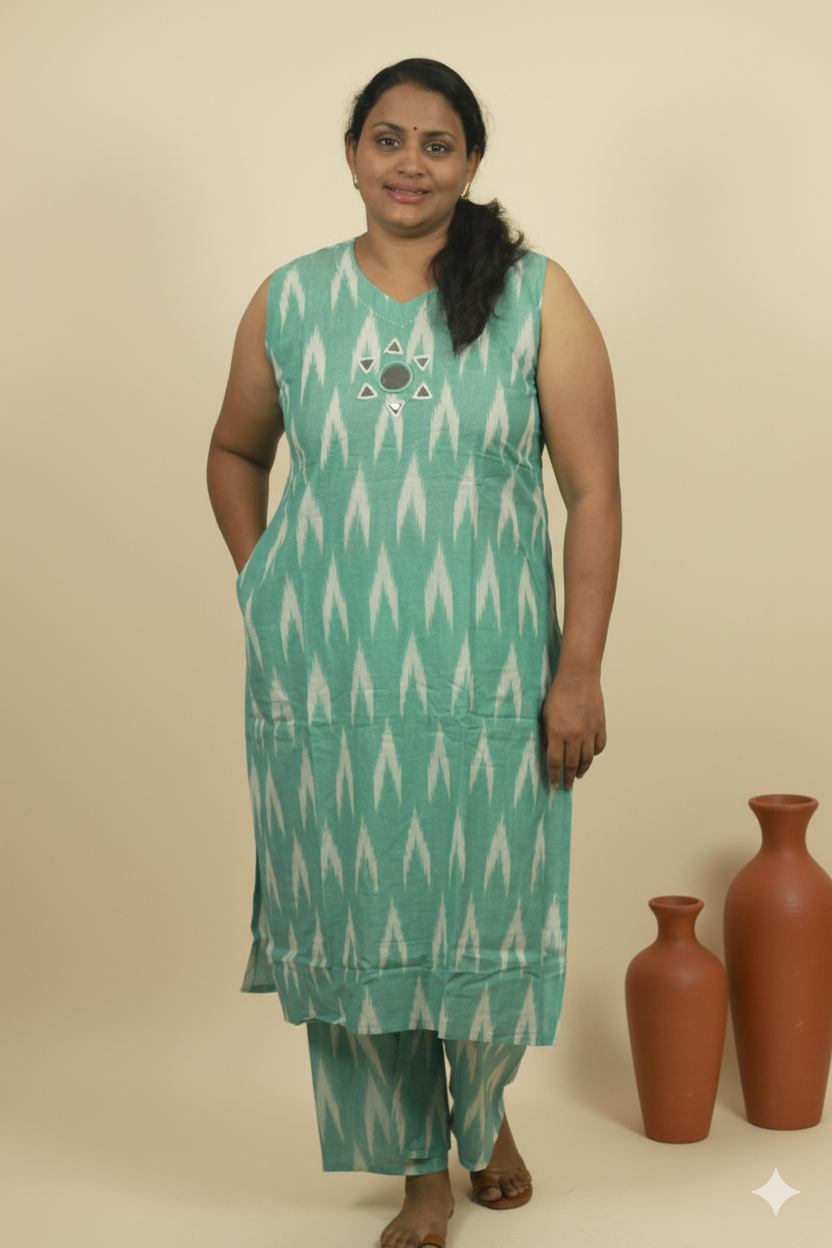 IKKAT COTTON MIRROR WORK MINT GREEN CO-ORD SET