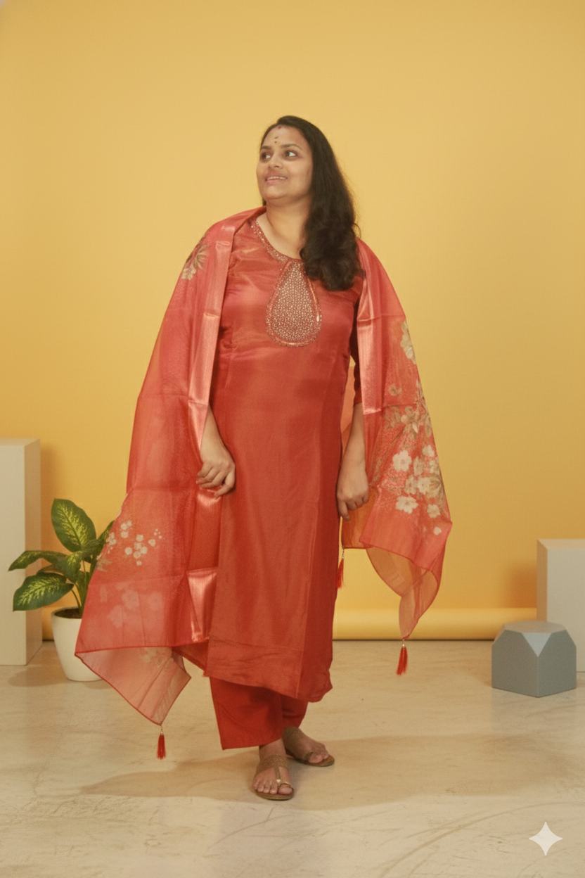 Madhulai rust orange shimmer silk suit set
