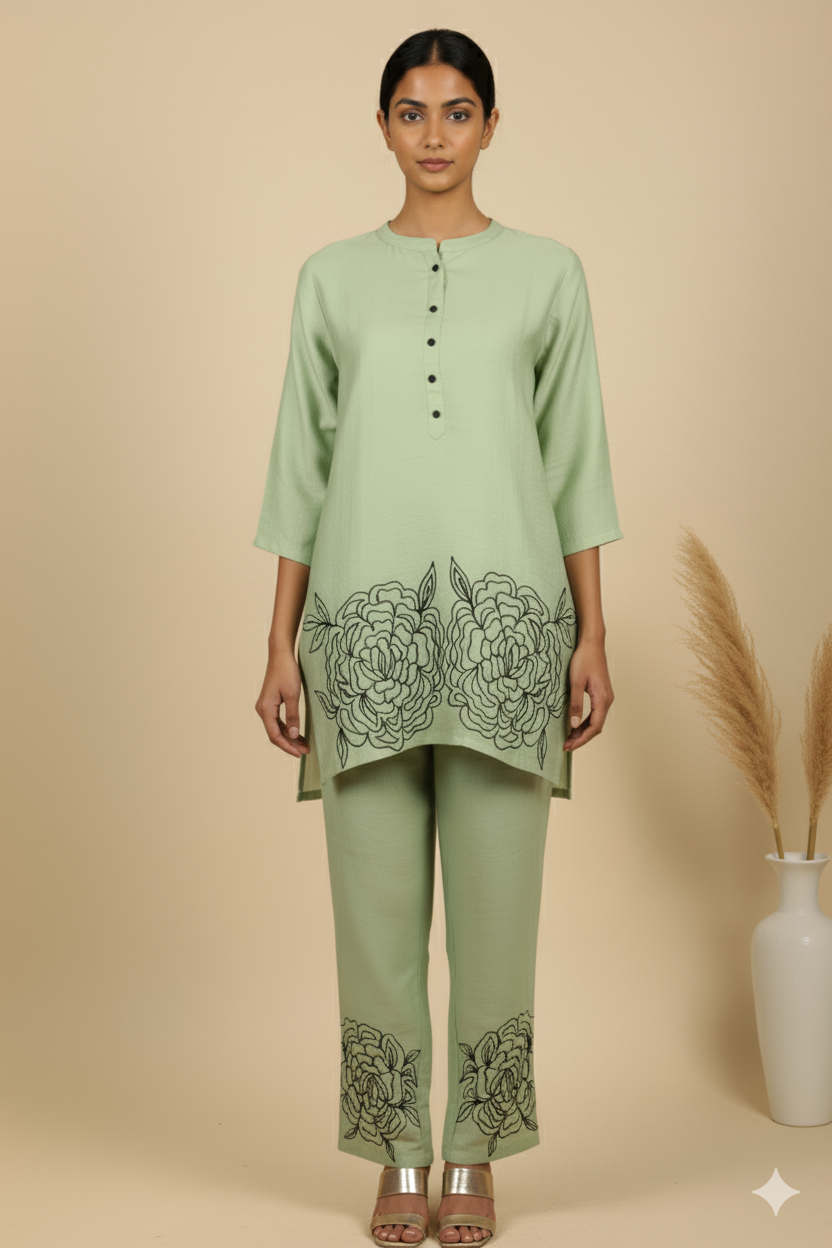 PEARLY PALE PISTAGREEN EMROIDERED CO-ORD SET