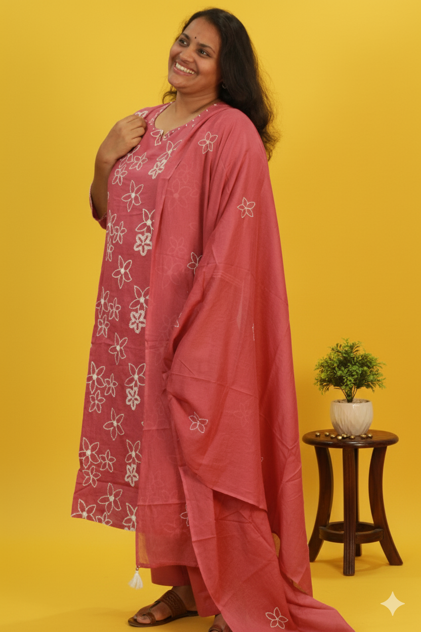 PURE MUL EMROIDERED 3PC SET IN ONION PINK