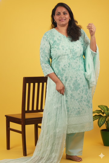 Pearly blue hakoba chikan cotton set