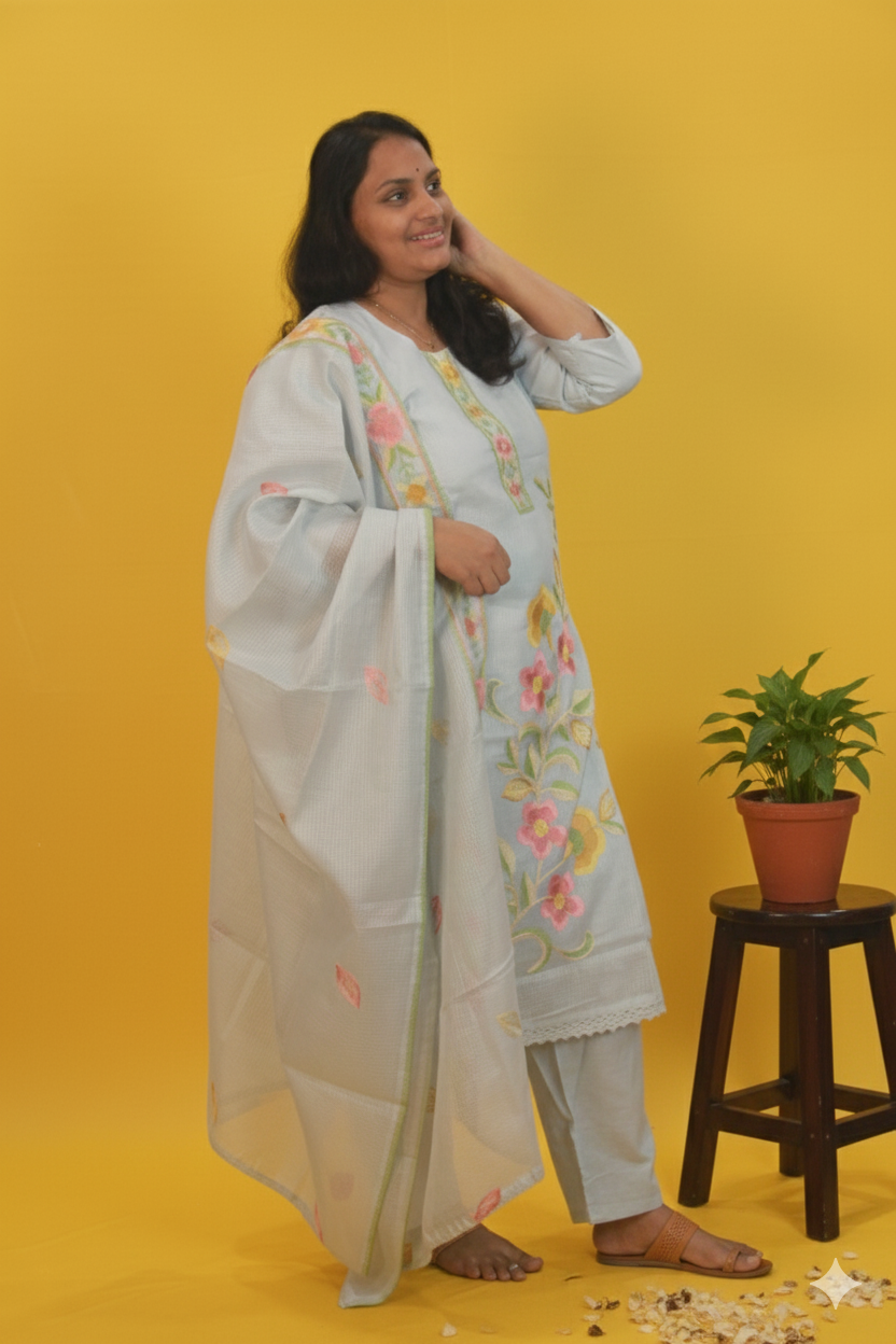 Sofia Ice blue floral embroidered kota-doria set