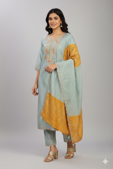 PURE CHINON BANDHINI EMROIDERED 3PC SET