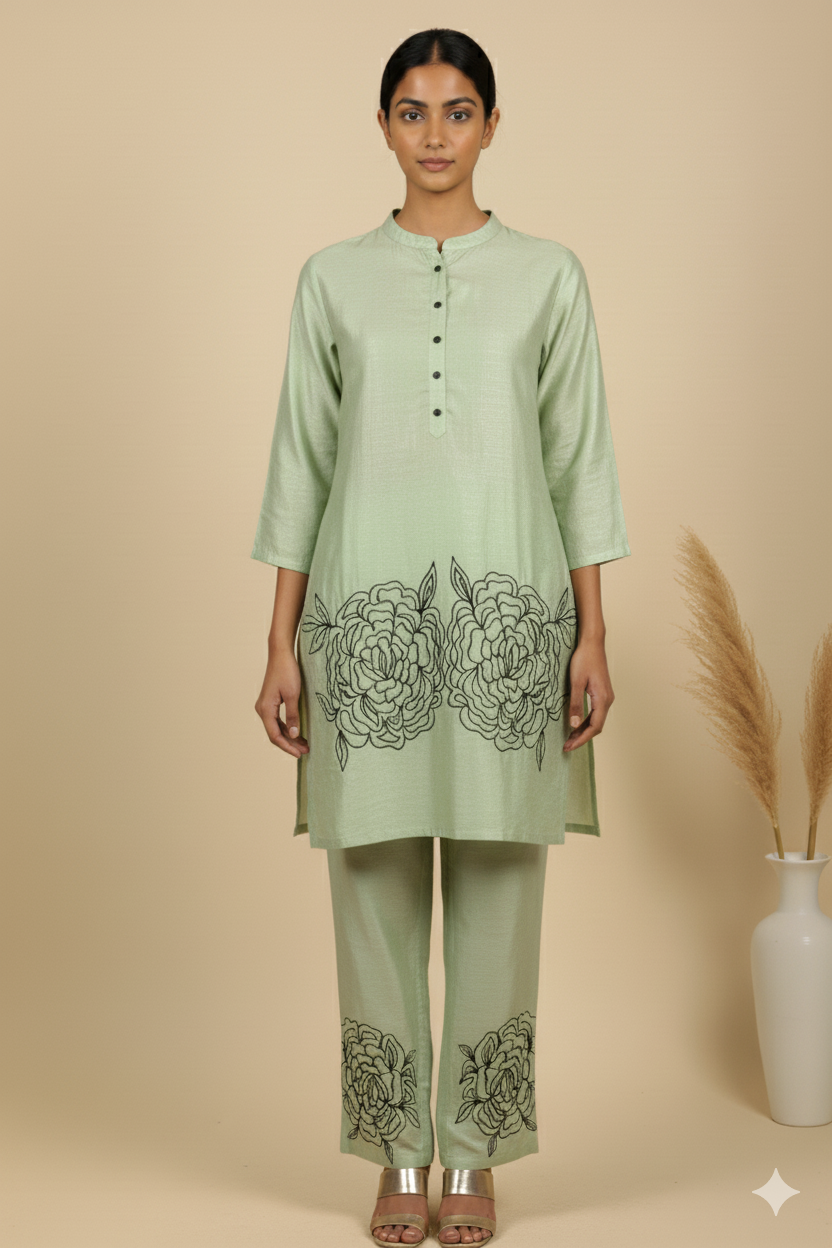 PEARLY PALE PISTAGREEN EMROIDERED CO-ORD SET