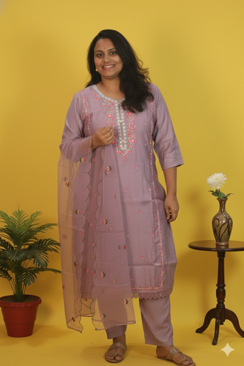 Mrunal luxurious lavender floral ensemble in roman silk.