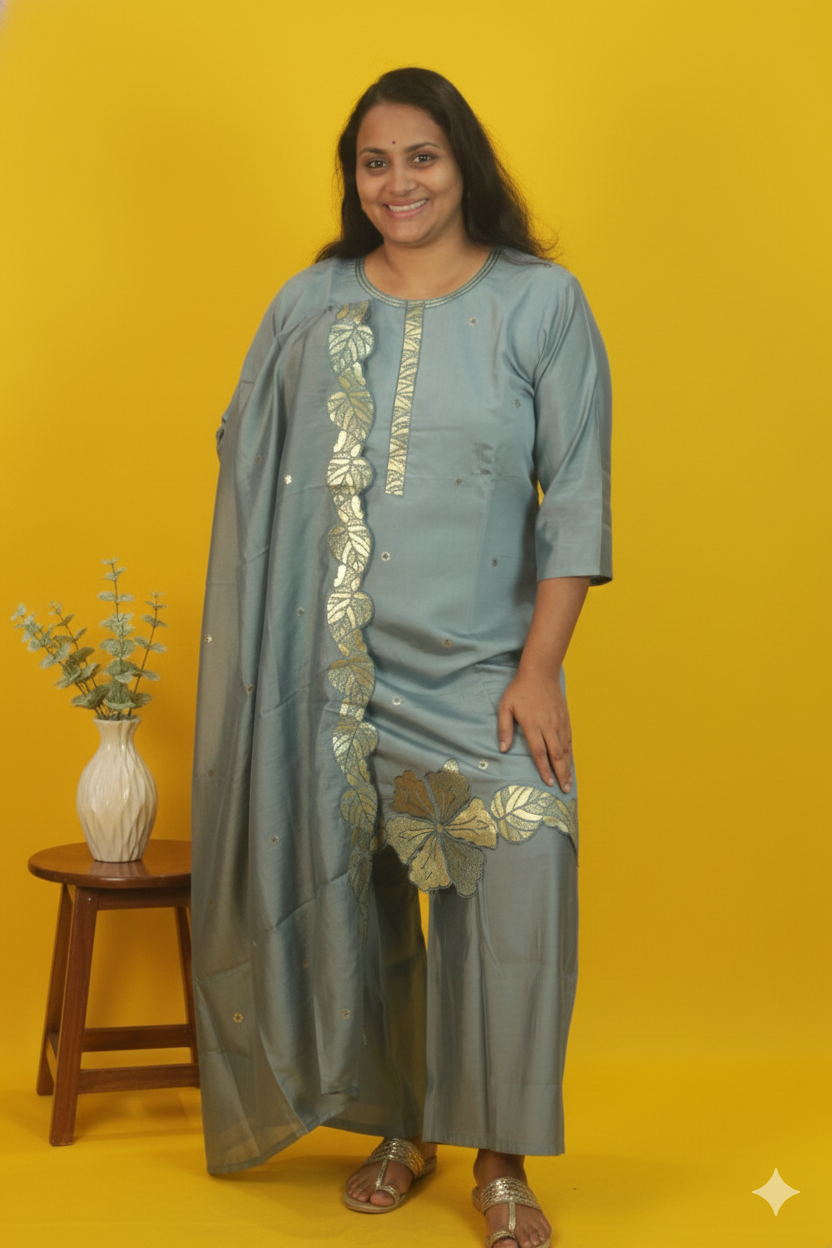 Modal dual-tone cutwork ensemble in roman silk