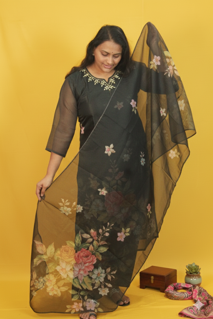 Shraddha enchanting deep green floral tissue shimmer set