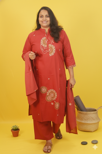 Sarika-pure heavy cotton-brick red-bead embroidered set