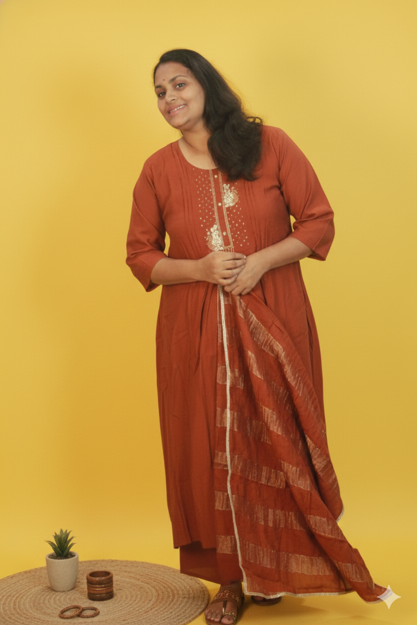 Honey rust orange gold roman silk kurta set.