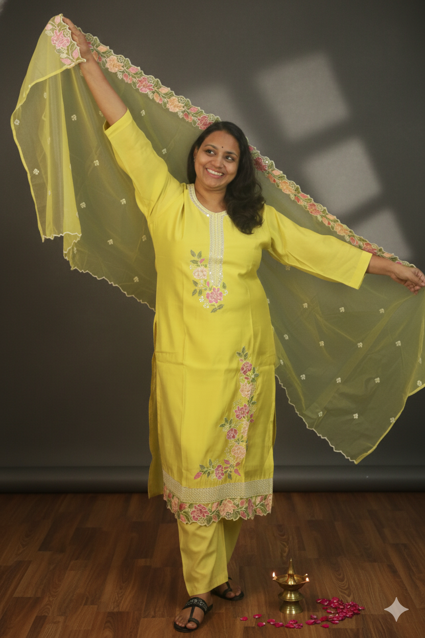 Divine divine radiance in yellow & pink floral embroidered suit set.