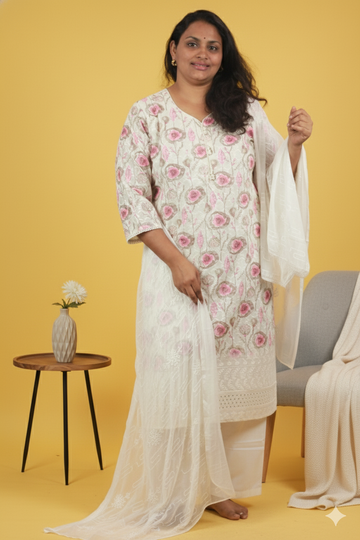 Pearly off-white cotton hakoba chikan set