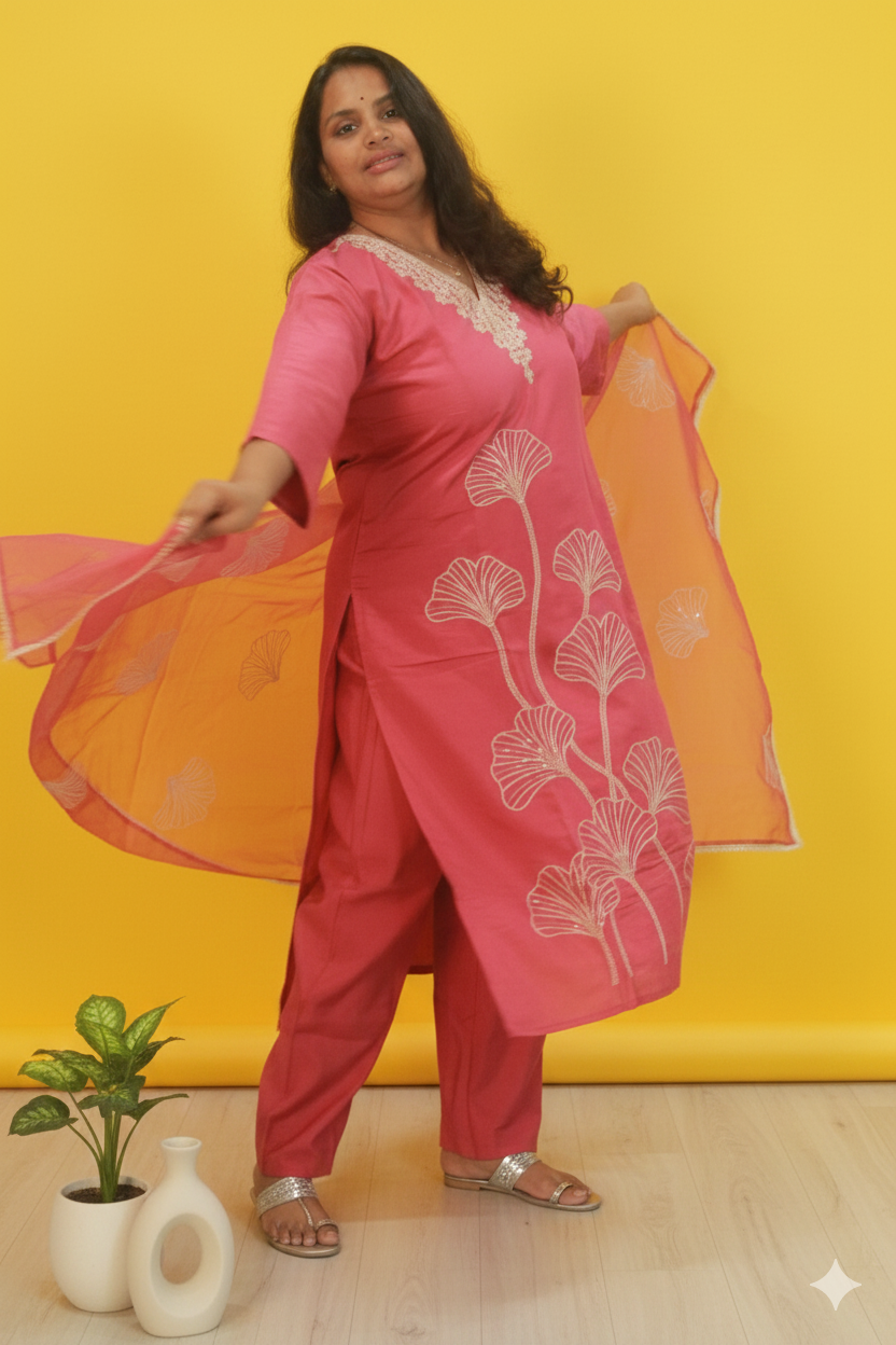 Peaches peach pink embroidered silk suit