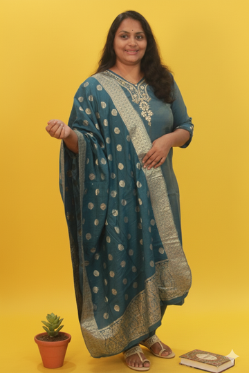 Blue Jade  a blue shimmer silk aari work set