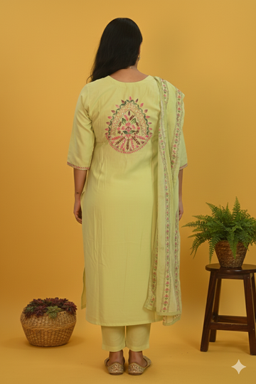 Art| Pure Silk handpainted katha work set in Pista green