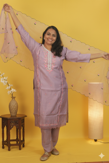 Mrunal luxurious lavender floral ensemble in roman silk.