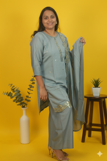 Modal dual-tone cutwork ensemble in roman silk