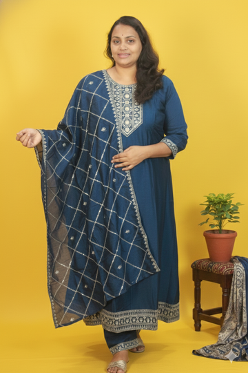 Vismaya blue regal radiance vichitra silk embroidered anarkali set