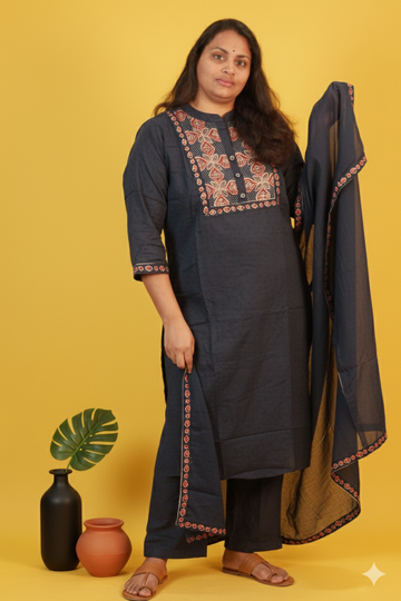 Ajrakh navy blue ajrakh & zardosi cotton salwar set