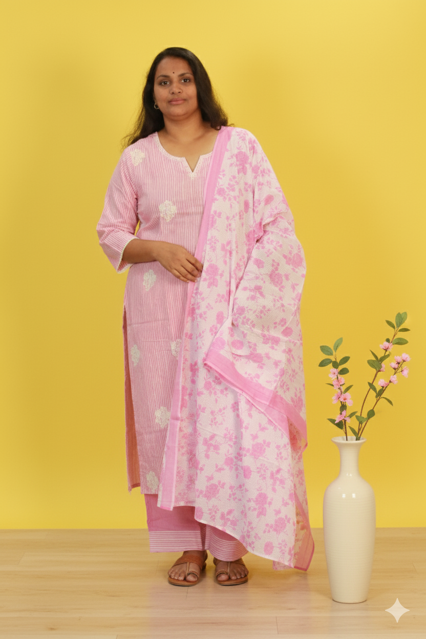 PREMIUM COTTON EMBROIDERED BABYPINK 3PC PALAZZO SET