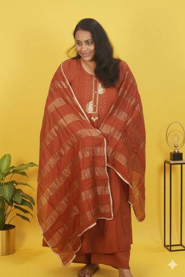 Honey rust orange gold roman silk kurta set.