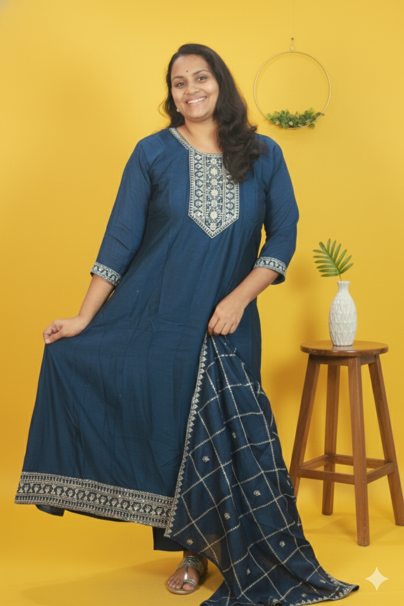 Vismaya blue regal radiance vichitra silk embroidered anarkali set