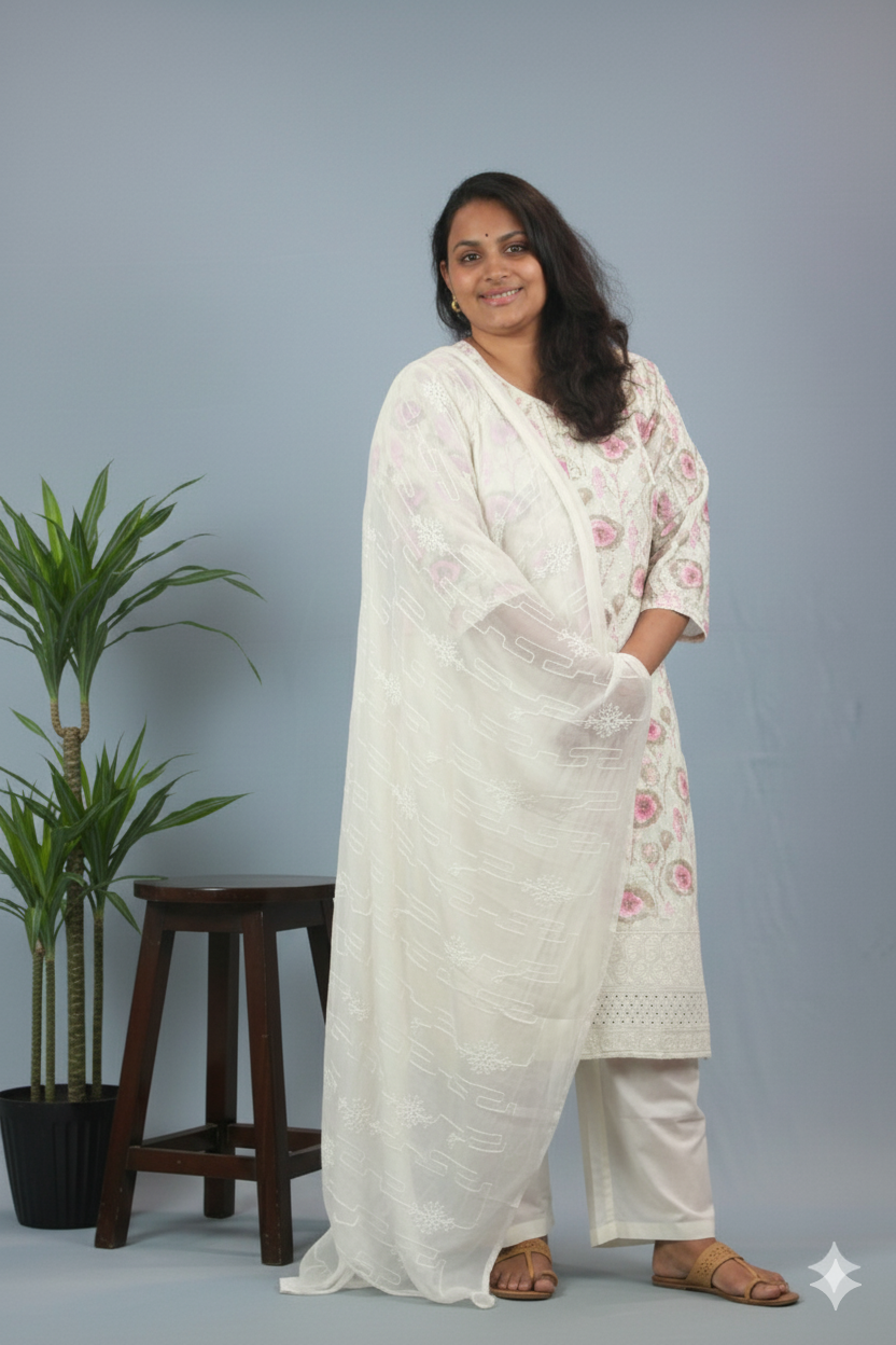 PEARLY OFF-WHITE PURE COTTON CHIKAN &HAKOBA 3PC SET