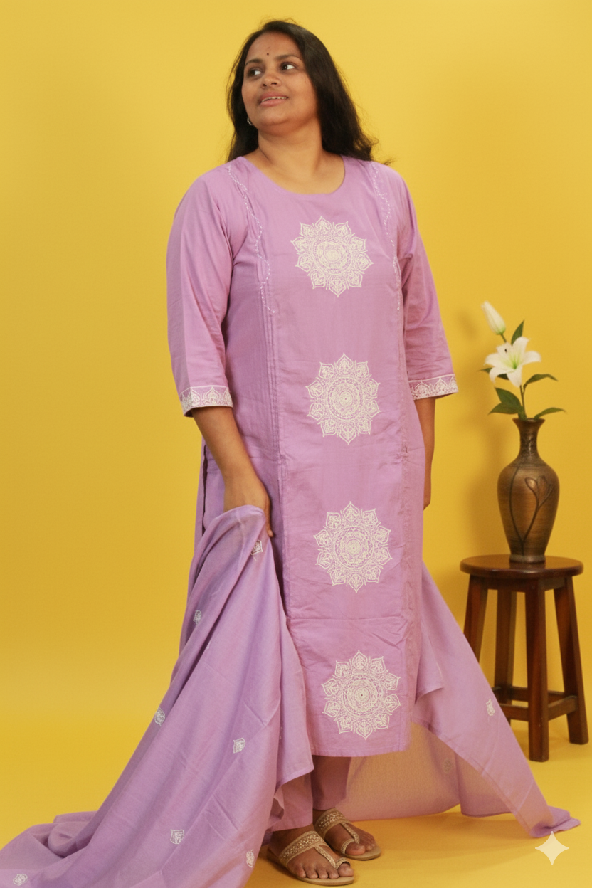 Radiance in Lavender: The 'Mandala Muse' 3PC Cotton Set