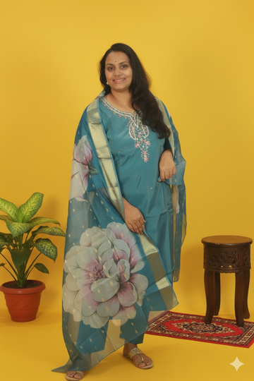Megha shimmer silk sky blue kurta set