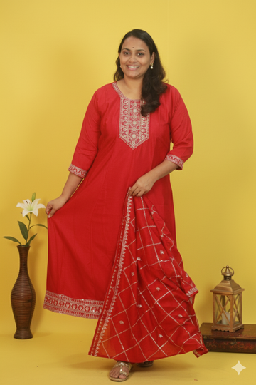 Vismaya red regal radiance vichitra Silk embroidered anarkali set