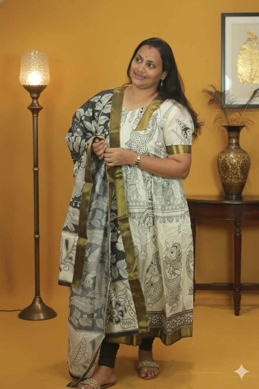 Aavya - Kalamkari frock anarkali in Dola silk with dupatta.