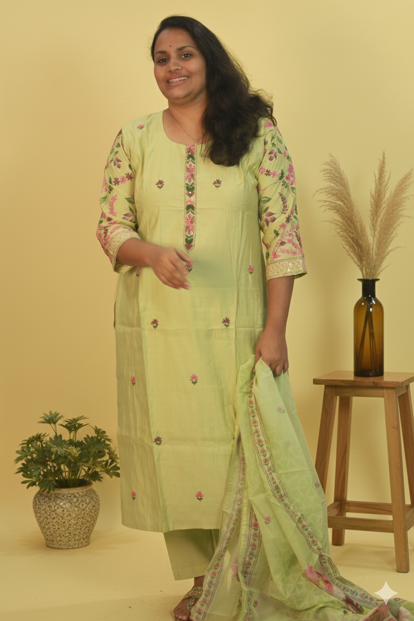 Art pure silk handpainted katha work set in pista green