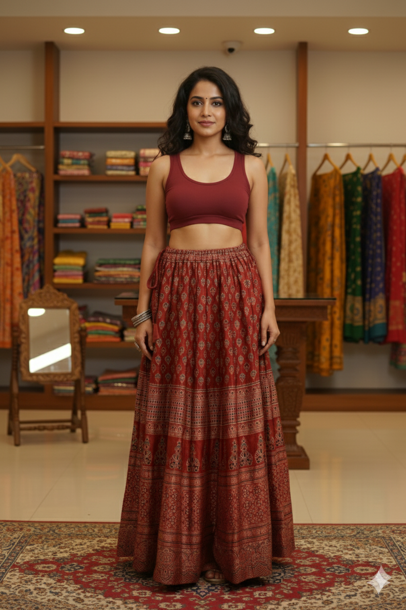 TIMELESS MODAL SILK MAROON AJRAKH SKIRT