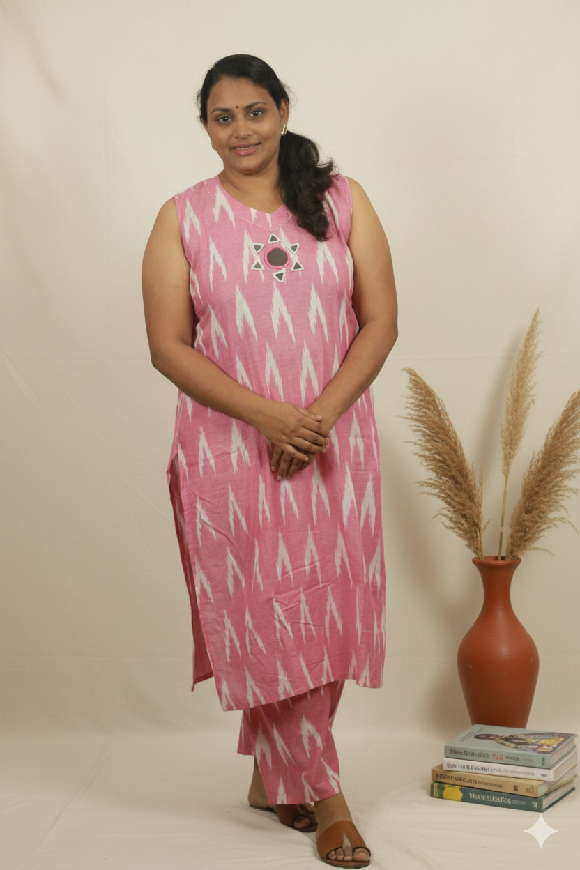 IKKAT COTTON MIRROR WORK PINK CO-ORD SET