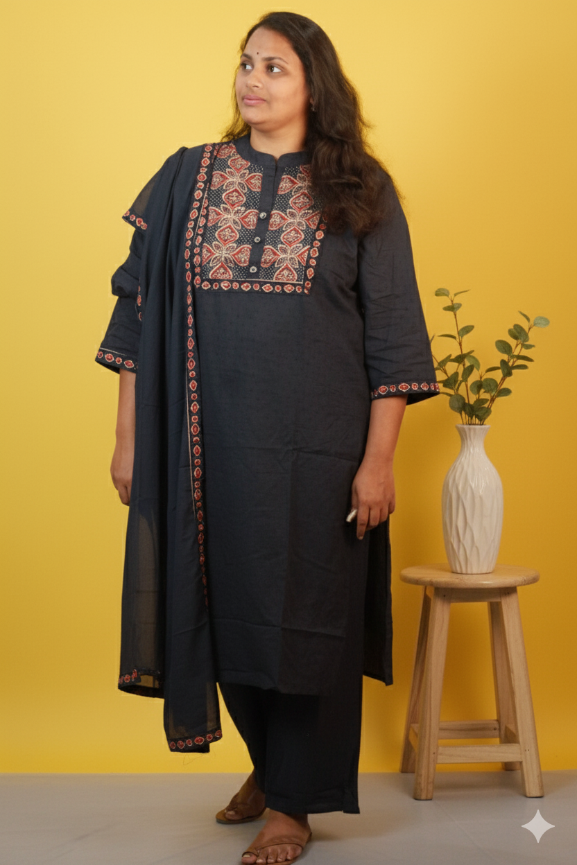 Pure Professionalism: Navy Blue Ajrakh & Zardosi Cotton Salwar Set