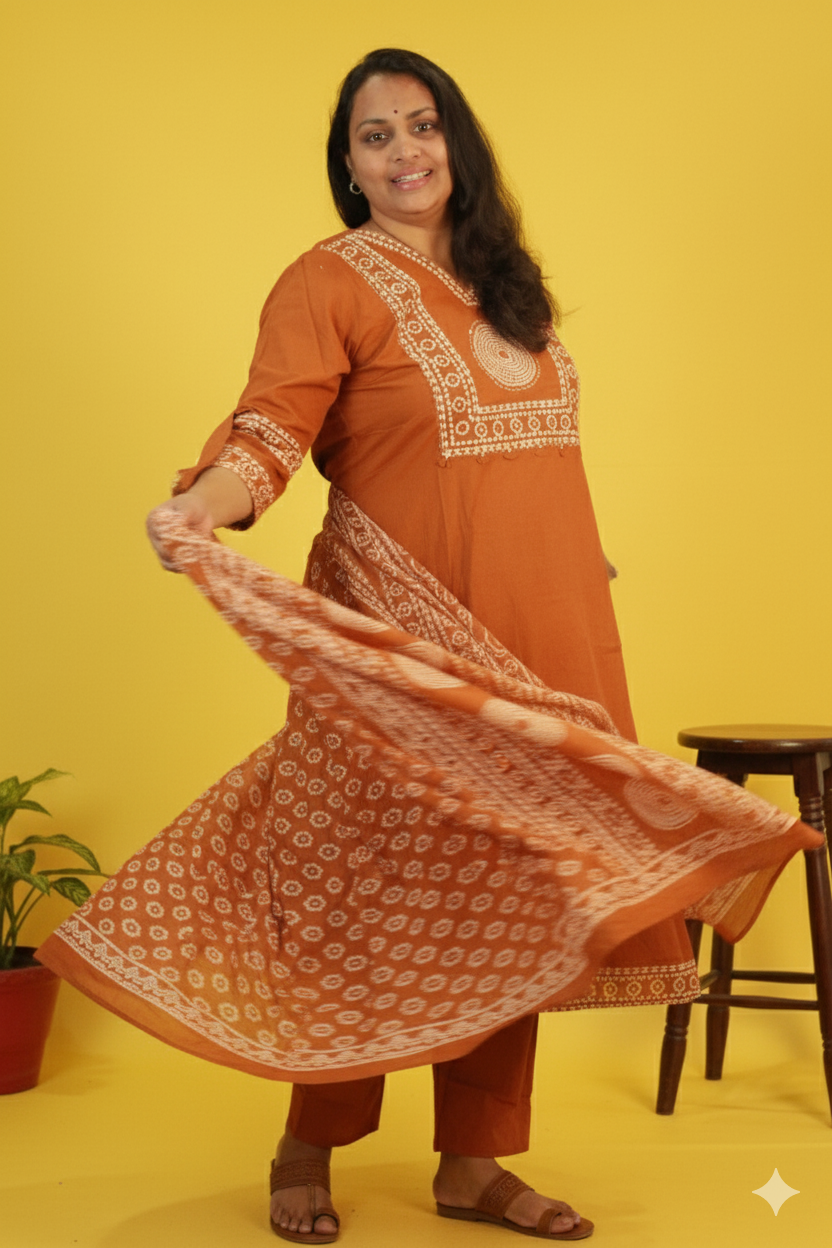 BINDHU / EFFORTLESS GRACE BROWN MUL COTTON BANDHANI SUIT SET