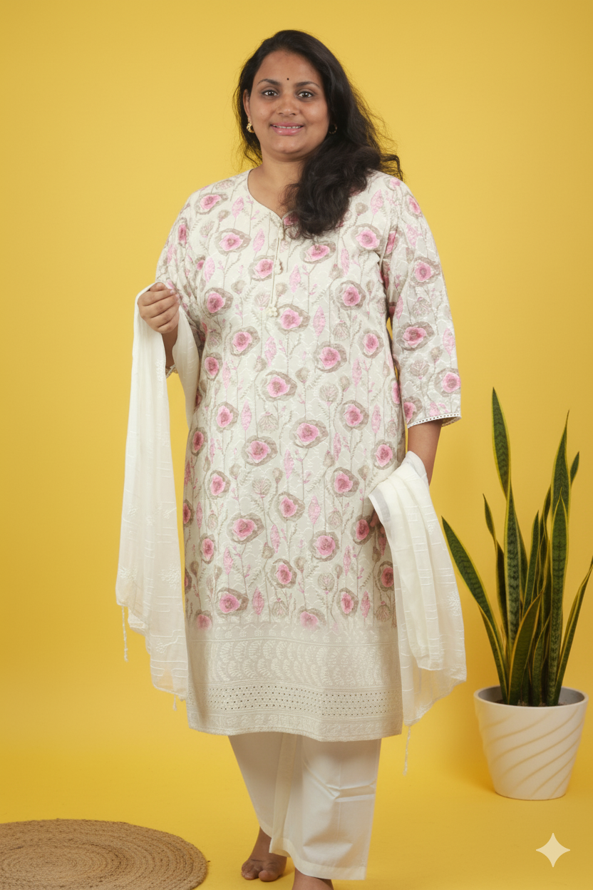 PEARLY OFF-WHITE PURE COTTON CHIKAN &HAKOBA 3PC SET