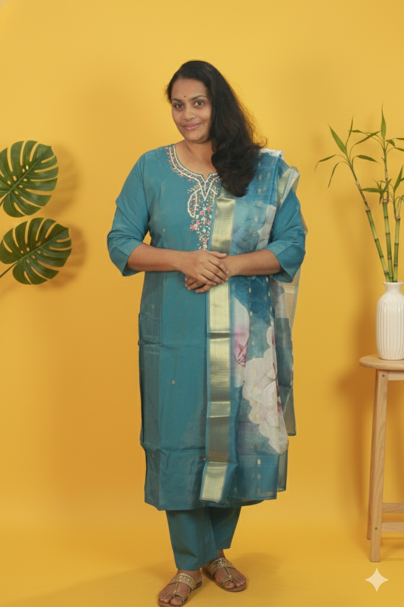 Megha shimmer silk sky blue kurta set